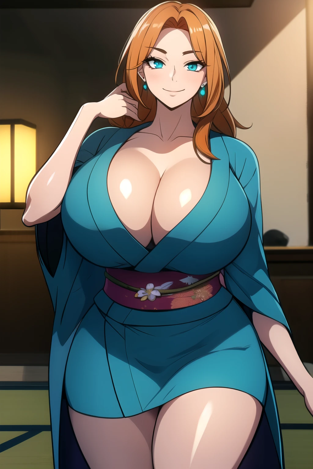 masterpiece, best quality, absurdres, 8k, perfect shadows,perfect lighting,hdr, ambient lighting, cowboy shot,shiny skin,skindentation, beautiful body, NamiFinal, (orange hair:1.1), long hair, turquoise eyes,  ((short kimono:1.1), curvy, thighs, higheels, shiny clothes, skin tigt, cleavage), jewelry earrings,tight fit, complex detailed background, inside, luxury palace) (gigantic breasts,hourglass body, thin waist,very slim waist)extremely detailed face,detailed eye makeup, detail face, nice detailed eyes,nice hands, perfect hands (realistic pupils,realistic iris:1) heavy eye makeup,glowing eyes, Bright eyes,standing,standing at attention,(seductivel smile), gigantic breasts, curvy