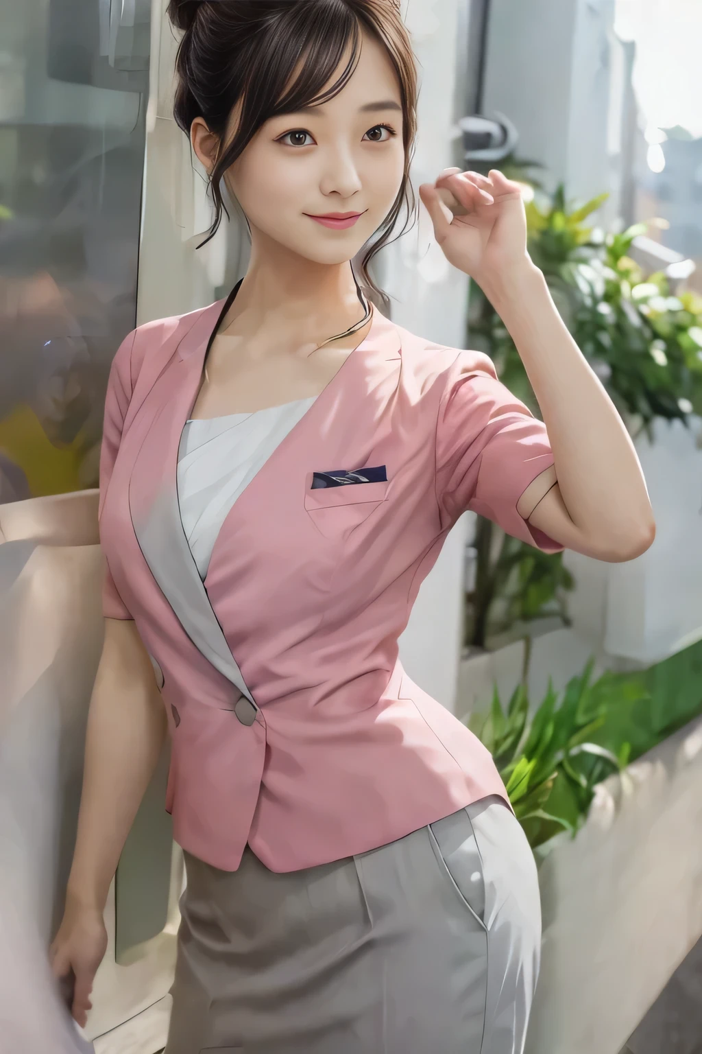 (masterpiece:1.2, Highest quality:1.2), 32K HDR, High resolution, (alone、1 girl)、 (Height: 160cm)、（On the rooftop of a building in the daytime、Professional Lighting）、Building rooftop background、（Nankai train crew uniform pinkを着たリアルスタイル）、（Nankai train crew uniform pink short sleeve collarless pink jacket、Nankai Train Crew Uniform Pink Collarless Short Sleeve Blouse、Nankai Train Crew Uniform Pink Grey Knee-length Culottes）、Dark brown hair、（Hair tied up、Hair tied up、Evening curly hairstyle）、Dark brown hair、Long Shot、Big Breasts、Thin legs、（（Great hands：2.0）），（（Harmonious body proportions：1.5）），（（Normal limbs：2.0）），（（Normal finger：2.0）），（（Delicate eyes：2.0）），（（Normal eyes：2.0））)、smile、（Nankai Train Crew Uniform Pink Grey Knee-length Culottesを見せた美しい歩く姿）、Place your hands around your stomach、Lanyard employee ID card