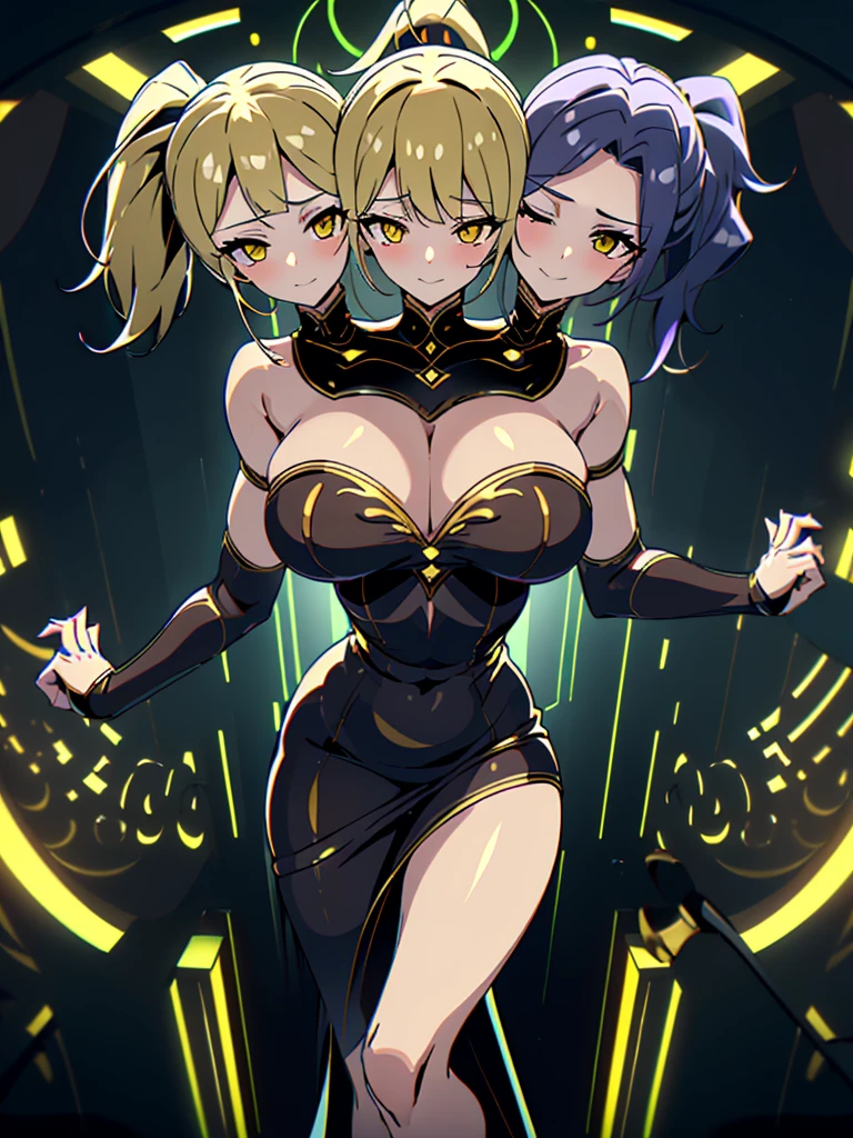 (masterpiece),(ultra-detailed), (high quality), (high resolution), (best quality:1.5, highres, UHD), highres, absurdo, ultra detail, ultra quality, Ultra resolution, 16k, 1girl, (3heads:1.5), girl with three heads, golden blonde hair, (((same hair color))), black dress, cleavage,ponytail, charismatic, very shy, carefree, detailed hair,, (detailed glowing golden yellow eyes), ((ponytail)), Beautiful girl with accentuated slender abs, Guild Clothes, ((cheerful woman)), seductive silhouette,, smooth and lustrous skin, sexy proportions, slim legs, ((beautifully tall and slim woman)), futuristic city, gentle smile
