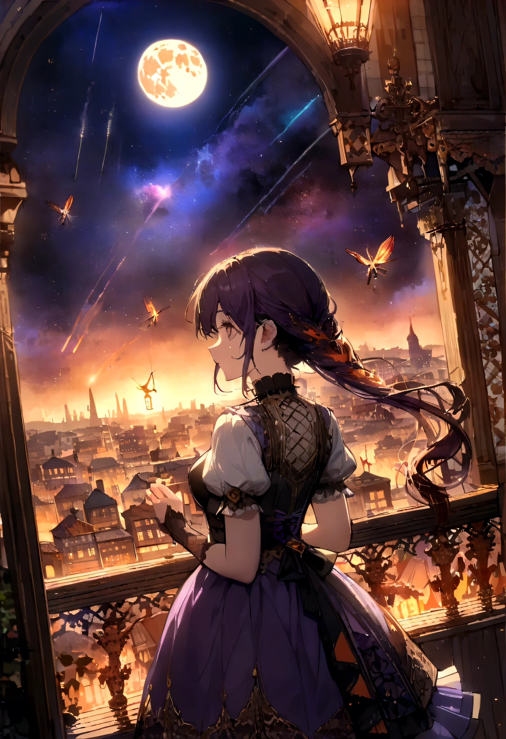 Turner-style 1900s cityscape , beautiful girl, (full moon:1.2), ( shooting star:0.9), (nebula:1.3), (Warm light source:1.2), (fire Fly:1.2), lamp, Lots of purple and orange, Intricate details, Volumetric Lighting Break (masterpiece:1.2)
