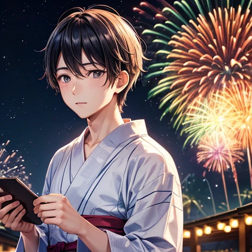 In the summer night sky、Colorful fireworks burst into flames、Young man wearing a yukata、While looking up at the beautiful fireworks、Young people、The yukata is navy blue、The young man&#39;s hair color is brown、