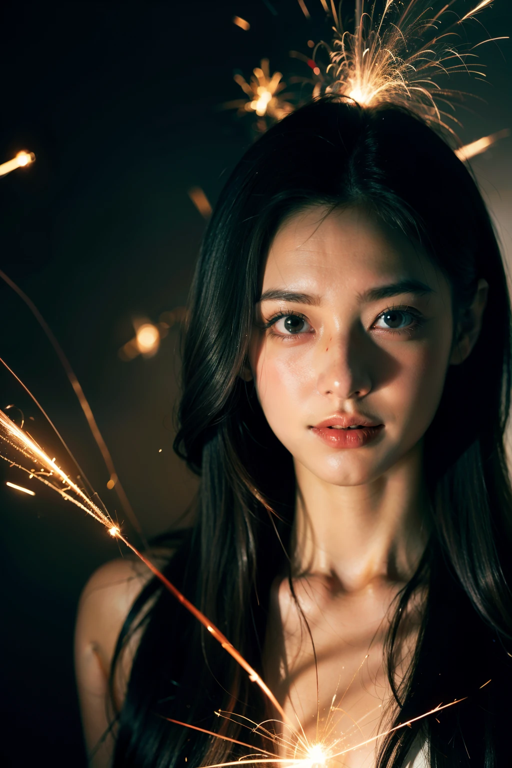1 Girl, Smile, Rainbow Colors, dramaticangle, space, (Colorful sparks float:1.3), Dramatic Lighting, Chiaroscuro, Evocative depth