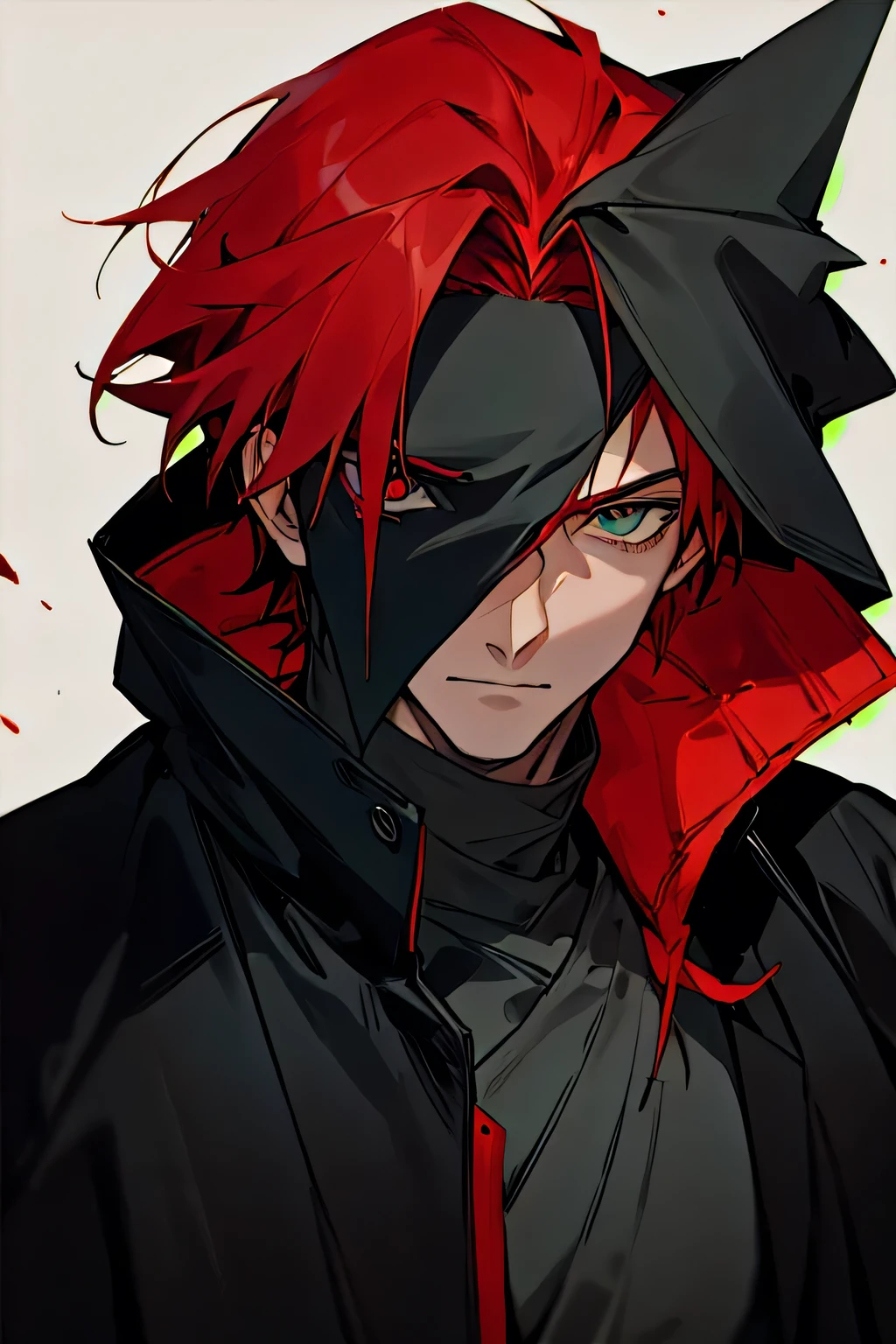 handsome man with geen eyes and red hair who looks homeless wears a black coat and covers his head with a hood , in anime style and dark vibes for a novel cover