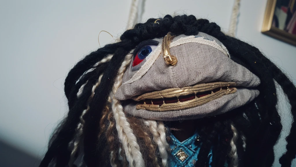 a close up of a sock puppet with dreadlocks, realistic cloth puppet, string puppet, wearing diamond gold grills on his teeth, he is smoking a blunt, his eyes are low and red because he is high, highley detailled face