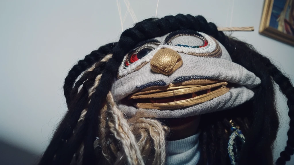 a close up of a sock puppet with dreadlocks, realistic cloth puppet, string puppet, wearing diamond gold grills on his teeth, he is smoking a blunt, his eyes are low and red because he is high, highley detailled face