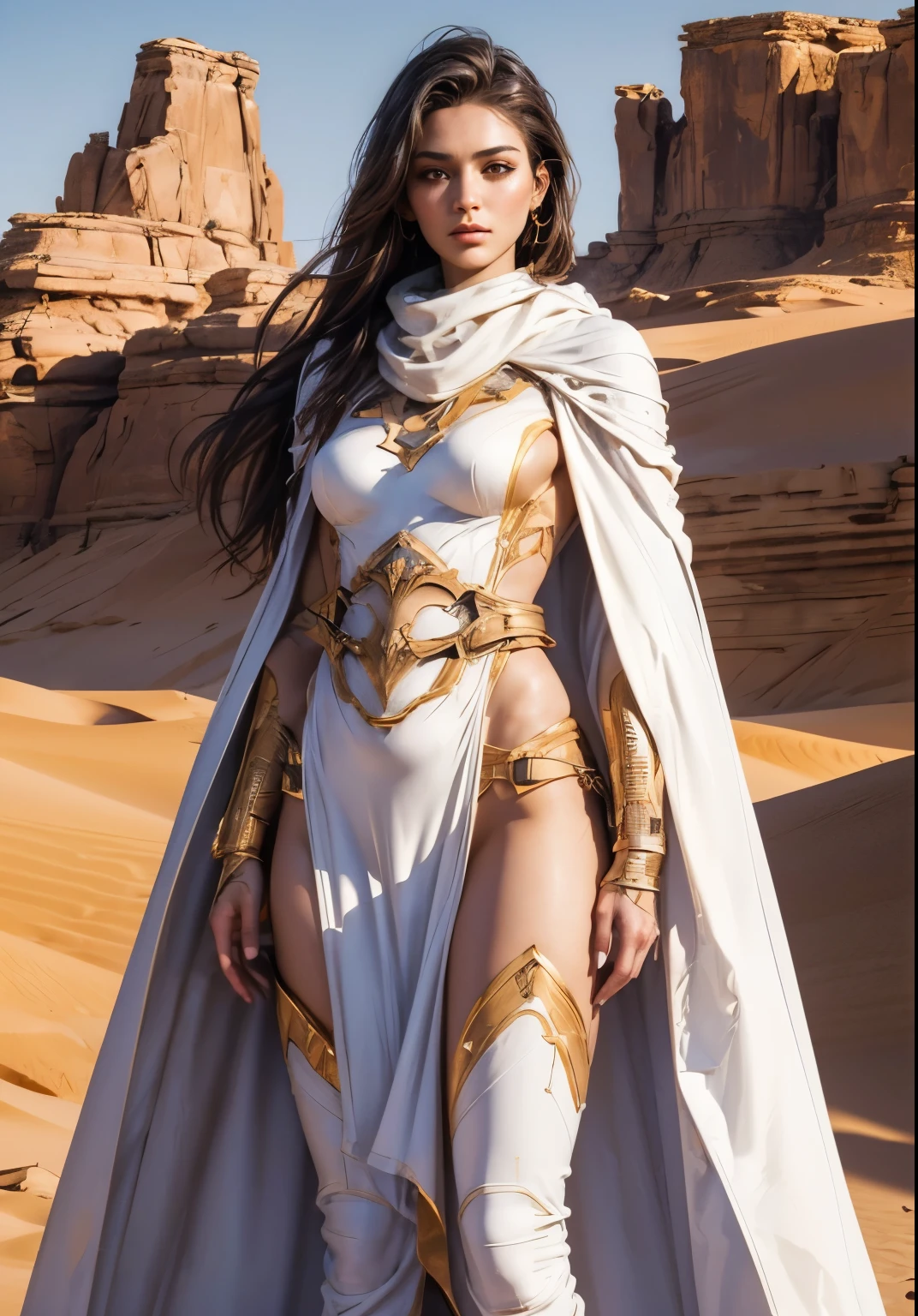 Waist up ((Extremely detailed asymmetric realistic masterpiece)) hyperrealistic masterpiece, Superhero very beauty girl ((in desert aesthetic style)) in extremely detailed tech plugsuit, cinematic illumination: 8k, glowing, concept art, smooth, sharp focus, illustration
