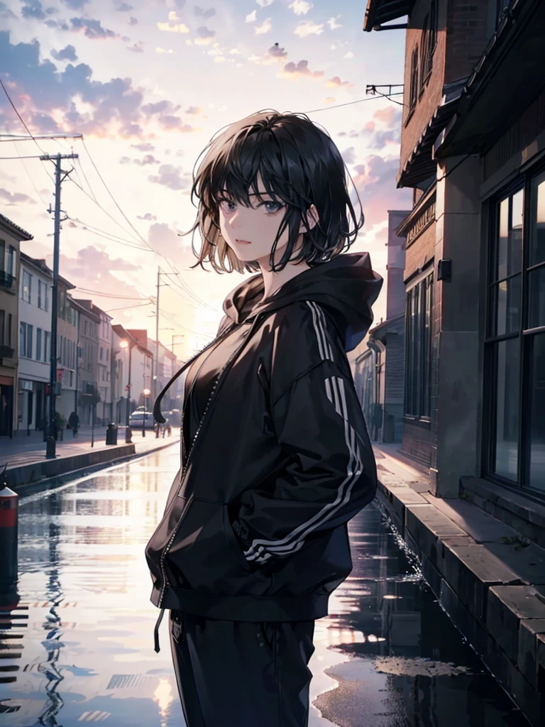a teenage female with short dark hair and black eyes, wearing a black hoodie and pants, standing outdoors in a detailed and realistic scene, (best quality,4k,8k,highres,masterpiece:1.2),ultra-detailed,(realistic,photorealistic,photo-realistic:1.37),beautiful detailed eyes,beautiful detailed lips,extremely detailed eyes and face,longeyelashes,happy expression,small breasts,1girl,outdoor scene,detailed background,perfect lighting