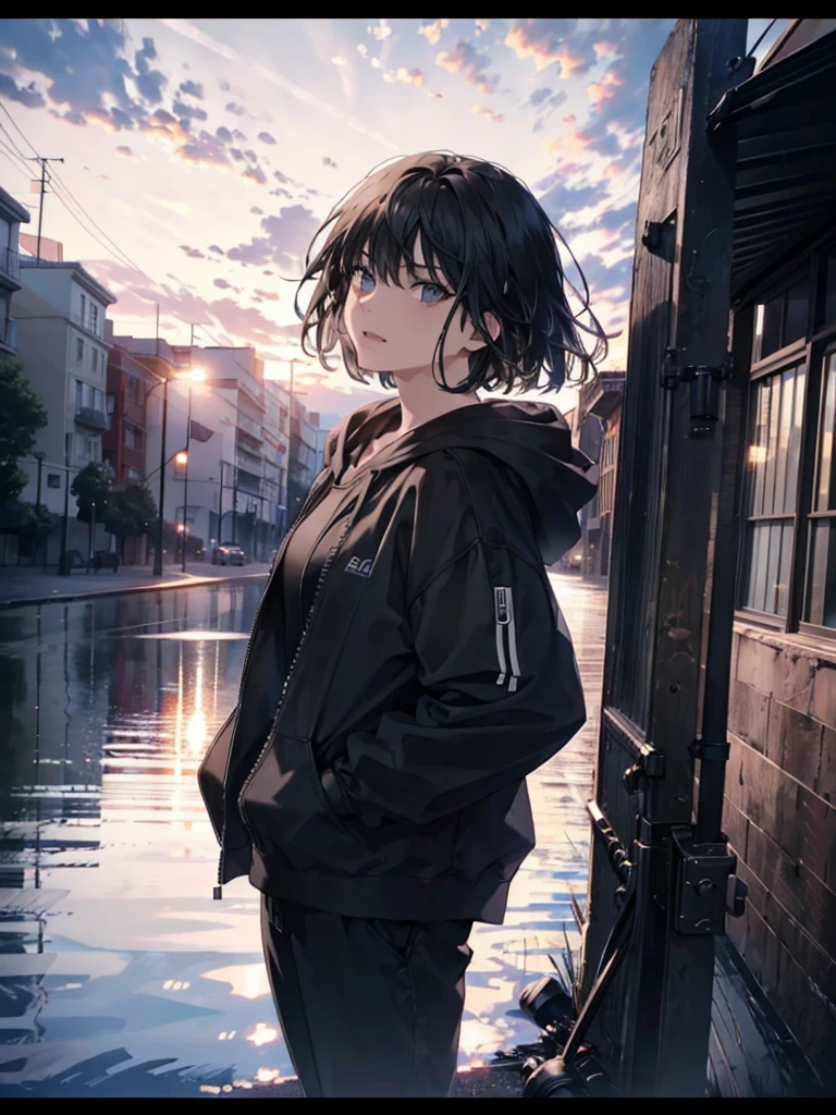 a teenage female with short dark hair and black eyes, wearing a black hoodie and pants, standing outdoors in a detailed and realistic scene, (best quality,4k,8k,highres,masterpiece:1.2),ultra-detailed,(realistic,photorealistic,photo-realistic:1.37),beautiful detailed eyes,beautiful detailed lips,extremely detailed eyes and face,longeyelashes,happy expression,small breasts,1girl,outdoor scene,detailed background,perfect lighting