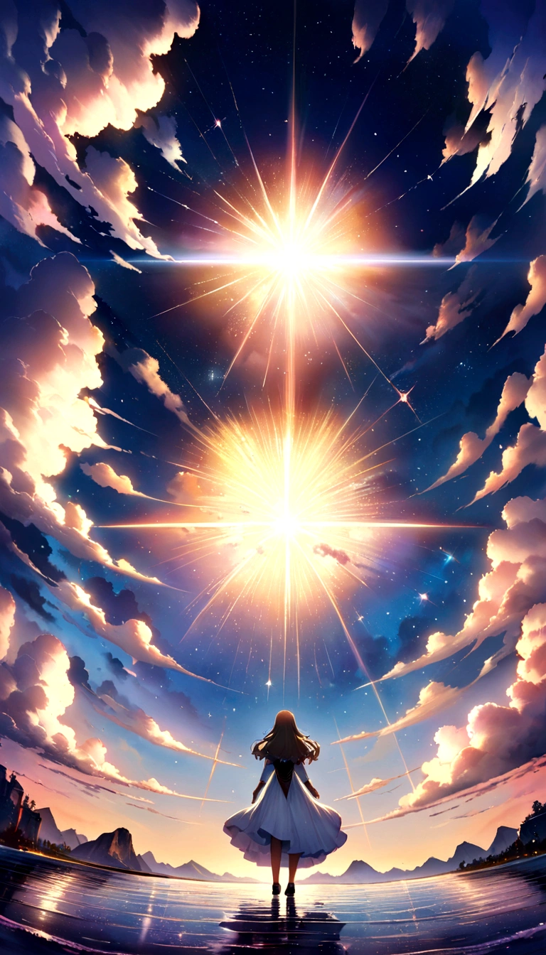 1 Girl, eye, close, Beautiful night sky, meteor, Beyond the Clouds, Surrounded by water, reflection, Wide Angel, Breathtakingly beautiful clouds, Wide-angle, by Makoto Shinkai, Thomas Kinkade, James Gillard, From holosomnialandscape, High resolution, Volumetric lighting, Ray Tracing, Complex, Attention to detail, Very detailed, Deviant art, 4K Portrait Wallpaper,, colorful, Airy, Anime illustration, anime nature wallpapers