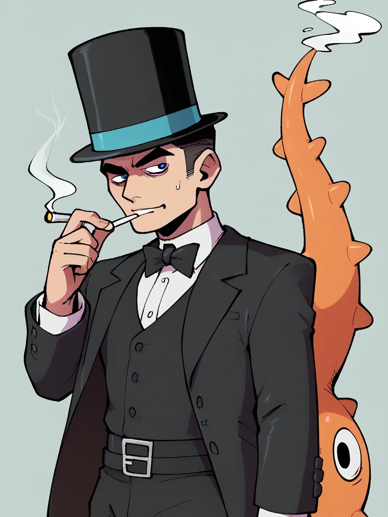 Humanoid figure with an orange octopus head with a black vigote, a top hat and a monacle dressed elegantly, smoking