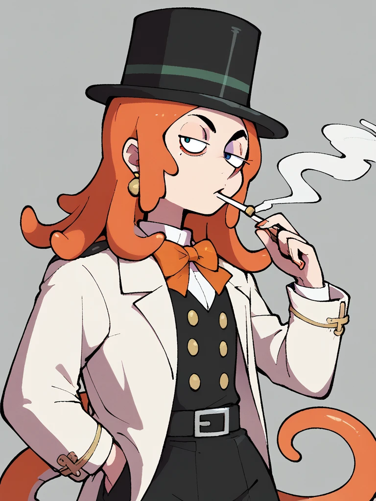 Humanoid figure with an orange octopus head with a black vigote, a top hat and a monacle dressed elegantly, smoking