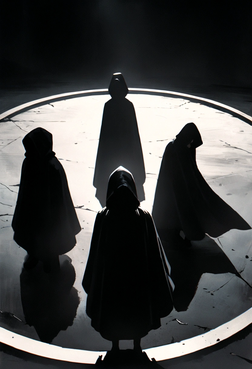 "A group of 4 people wearing large black robes with hoods, standing in a circle in a dark location, frontal view, minimalist characters, 8k resolution, high definition, photorealistic style, cinematic lighting, melancholic atmosphere, dramatic shadows, muted color palette."