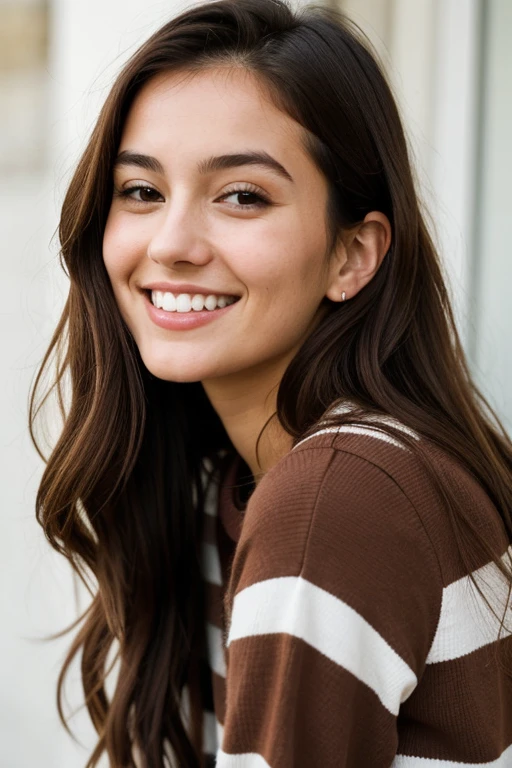 A young woman with long, brown hair is depicted in this image. She is wearing a striped top and is captured in a close-up shot, emphasizing her face. The woman has a brace on her teeth, and her mouth is slightly open. The overall color palette consists of earthy tones such as brown, gray, and red. The woman appears to be in her early twenties.