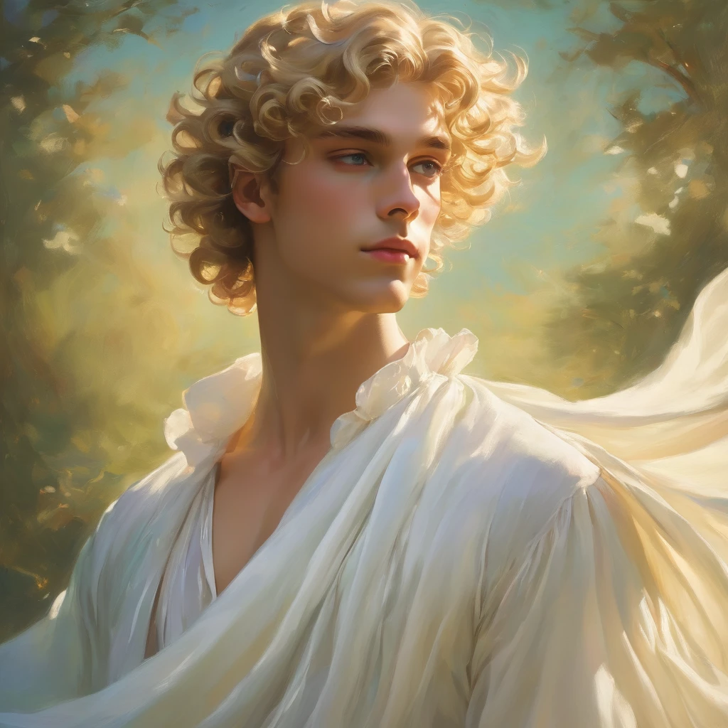 candid an photo of prince charming, 23 year old male supermodel, attractive and exotic, short curly blonde hair, a masculine appearance with slender smooth body, delicate and symmetrical face, natural olive skin tone, pose in a graceful contrapposto stance, inspired by Sandro Botticelli's painting "The Birth of Venus", he is wrapped in classical drapery sheer pastel color fabric, with flowing dramatically in the strong wind, some fabric to billow as if caught, The composition include mythological elements, such as a backdrop of a serene with a golden sunrise and nymphs to frame the scene. Illuminate the scene with soft diffused lighting to create a dreamlike, celestial atmosphere, capturing the delicate interplay of light and shadow on his face and body. ((full body shot)), wide-angle lens on a high-resolution DSLR camera to capture the grandeur and intricate details of the setting, while shooting from a dynamic angle to emphasize the model's majestic presence. The overall mood should blend the classical elegance of Botticelli's work with a modern, high-fashion aesthetic, producing an image that feels both timeless and contemporary, adding the Two Cherubs in the sense to balance and harmony the photo, evoke the soft ethereal quality of the Renaissance style, POV, raw photo, ((masterpiece)), ((best quality)), High Resolution, (ultra_realistic), (photorealistic), (NSFW), ((Pay attention to the layer and arrangement of body and surrounding)), ((Pay attention to the body composition)), ((Correct body structure)), ((Correct distance)), romantic atmosphere, lively extremely Gorgeous background,