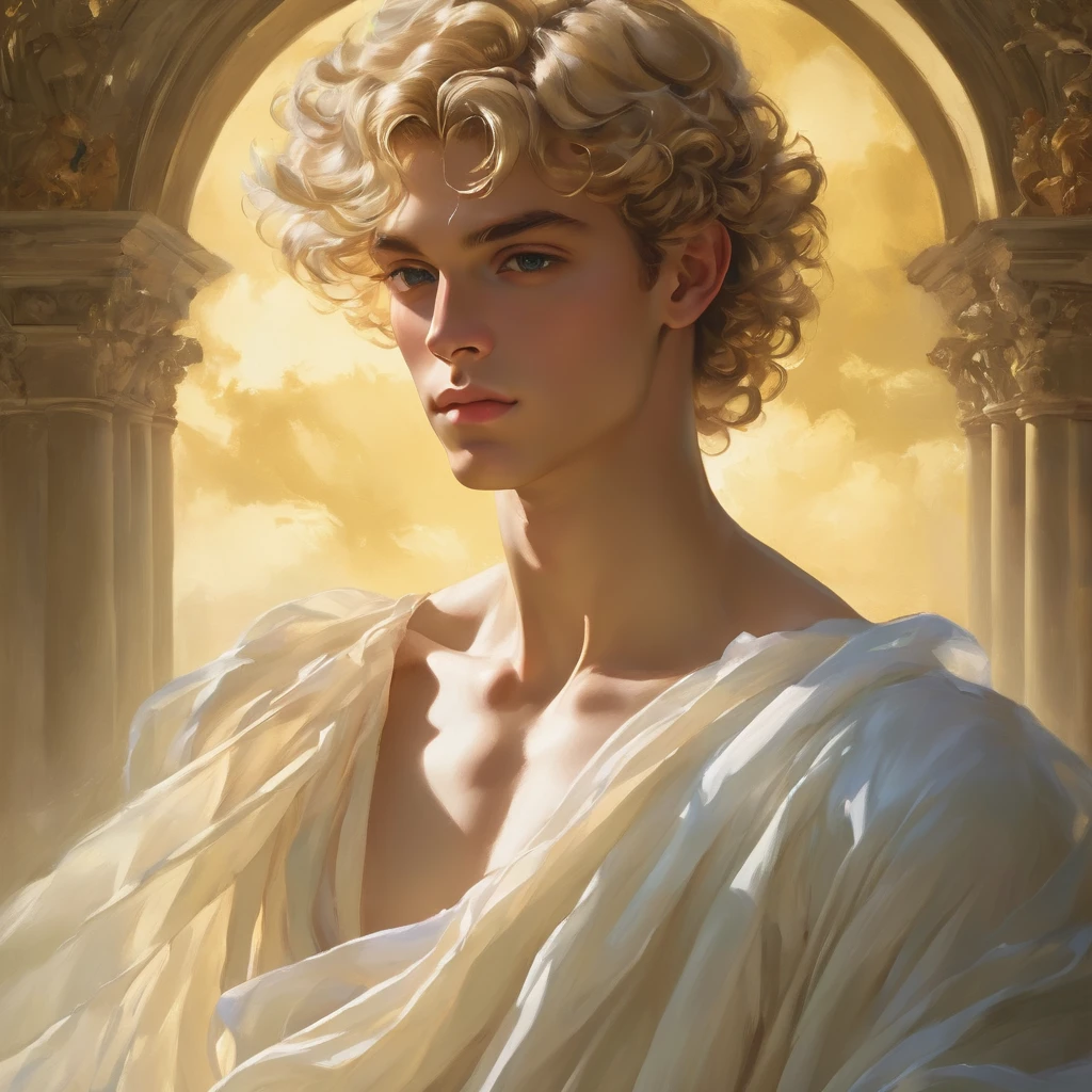 candid an photo of prince charming, 23 year old male supermodel, attractive and exotic, short curly blonde hair, a masculine appearance with slender smooth body, delicate and symmetrical face, natural olive skin tone, pose in a graceful contrapposto stance, inspired by Sandro Botticelli's painting "The Birth of Venus", he is wrapped in classical drapery sheer pastel color fabric, with flowing dramatically in the strong wind, some fabric to billow as if caught, The composition include mythological elements, such as a backdrop of a serene with a golden sunrise and nymphs to frame the scene. Illuminate the scene with soft diffused lighting to create a dreamlike, celestial atmosphere, capturing the delicate interplay of light and shadow on his face and body. ((full body shot)), wide-angle lens on a high-resolution DSLR camera to capture the grandeur and intricate details of the setting, while shooting from a dynamic angle to emphasize the model's majestic presence. The overall mood should blend the classical elegance of Botticelli's work with a modern, high-fashion aesthetic, producing an image that feels both timeless and contemporary, adding the Two Cherubs in the sense to balance and harmony the photo, evoke the soft ethereal quality of the Renaissance style, POV, raw photo, ((masterpiece)), ((best quality)), High Resolution, (ultra_realistic), (photorealistic), (NSFW), ((Pay attention to the layer and arrangement of body and surrounding)), ((Pay attention to the body composition)), ((Correct body structure)), ((Correct distance)), romantic atmosphere, lively extremely Gorgeous background,