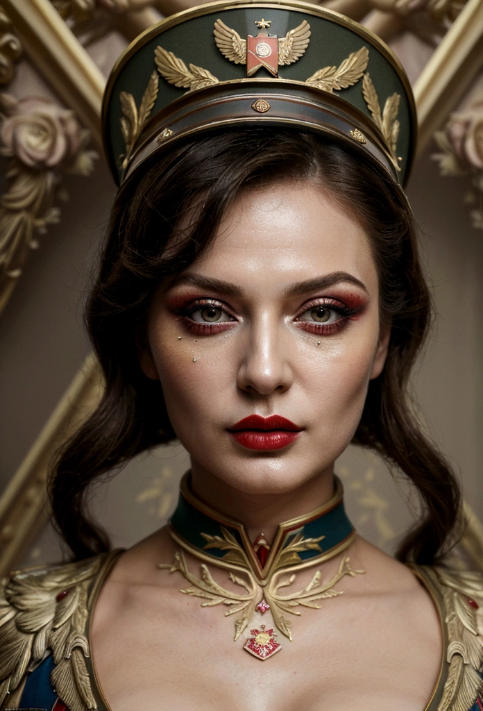 (masterpiece, Best quality, professional, perfect composition, very aesthetic, absurdity, ultra detailed, complex parts:1.3) Movie frame, Soviet woman, Soviet officer, model appearance, a lot of makeup, sexy face with full makeup,