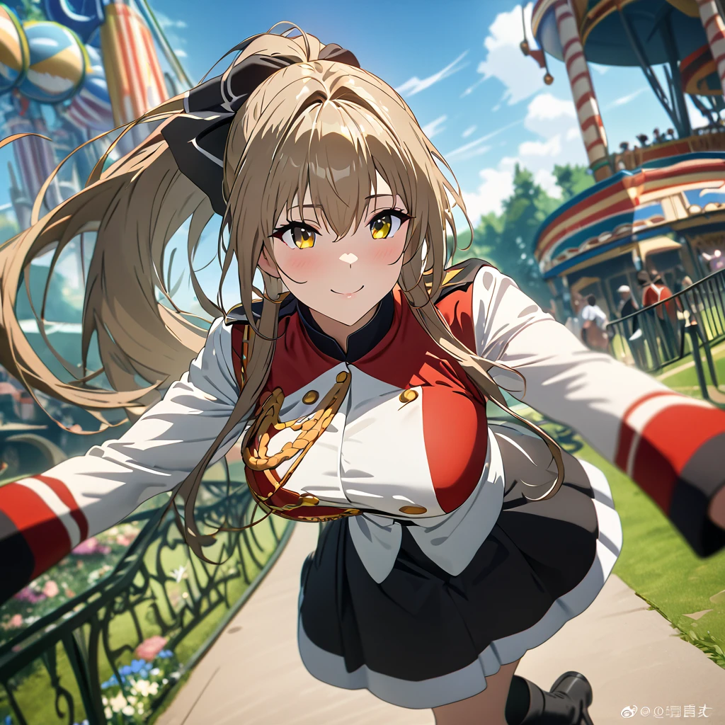 A woman wearing a long-sleeved royal guard style uniform, black skirt, black boots, big breasts, caramel hair, long hair, ponytail hair, yellow eyes, smiling, big breasts, walking on the ground of a well-detailed amusement park, Daytime location with blue sky and clouds.. (solo woman),flower, UHD, masterpiece, accurate, anatomically correct, textured skin, super detail, high quality, best quality, 8k, high resolution, bokeh effect.
