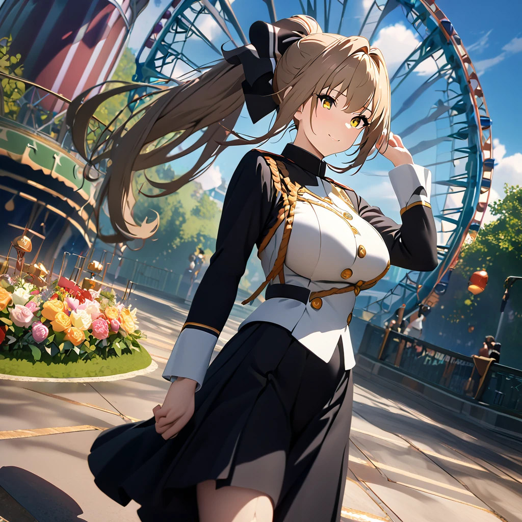 A woman wearing a long-sleeved royal guard style uniform, black skirt, black boots, big breasts, caramel hair, long hair, ponytail hair, yellow eyes, smiling, big breasts, walking on the ground of a well-detailed amusement park, Daytime location with blue sky and clouds.. (solo woman),flower, UHD, masterpiece, accurate, anatomically correct, textured skin, super detail, high quality, best quality, 8k, high resolution, bokeh effect.
