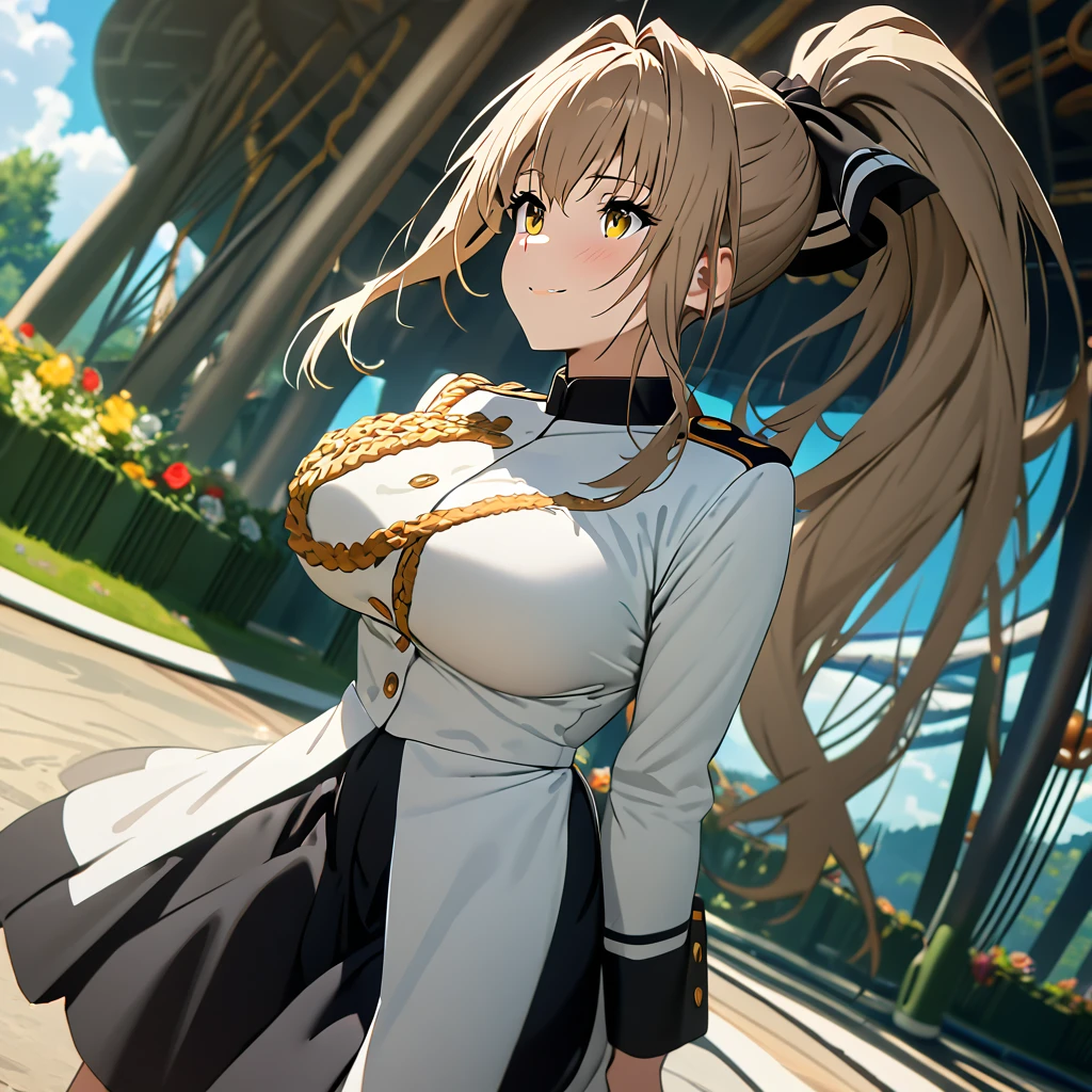 A woman wearing a long-sleeved royal guard style uniform, black skirt, black boots, big breasts, caramel hair, long hair, ponytail hair, yellow eyes, smiling, big breasts, walking on the ground of a well-detailed amusement park, Daytime location with blue sky and clouds.. (solo woman),flower, UHD, masterpiece, accurate, anatomically correct, textured skin, super detail, high quality, best quality, 8k, high resolution, bokeh effect.
