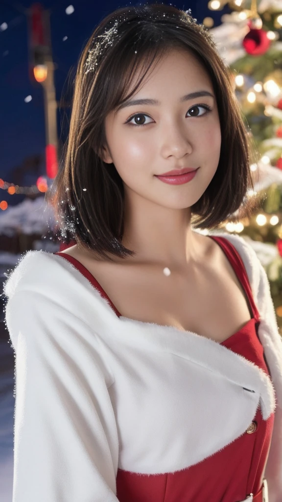 1girl, (santa claus costume slim fit:1.5), symmetry,(beautiful cute ultra young girl:2.0), (slender woman body:1.5), (ultra short hair:1.75), ultra big smile, (Beautiful large round droped detailed eyes:1.5), beautiful detailed lips, (extremely detailed beautiful face, natural makeup, Incredibly beautiful skin:2.0), (best quality,4k,8k,highres,masterpiece:2.0),(ultra-detailed,realistic,photorealistic,photo-realistic:1.75),professional,vivid colors,studio lighting,(snowing night town,christmas eve:1.25)
