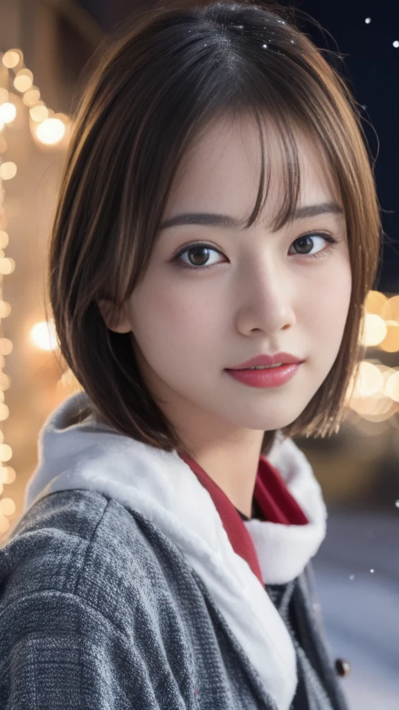 1girl, (santa claus costume slim fit:1.5), symmetry,(beautiful cute ultra young girl:2.0), (slender woman body:1.5), (ultra short hair:1.75), ultra big smile, (Beautiful large round droped detailed eyes:1.5), beautiful detailed lips, (extremely detailed beautiful face, natural makeup, Incredibly beautiful skin:2.0), (best quality,4k,8k,highres,masterpiece:2.0),(ultra-detailed,realistic,photorealistic,photo-realistic:1.75),professional,vivid colors,studio lighting,(snowing night town,christmas eve:1.25)