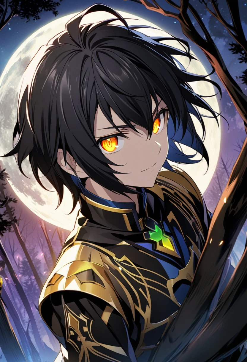 Hyakuya Mikaela \(AKB0048 Next Stage\), (short hair), (black hair), (glowing eyes), (Golden eyes):1.2, black costume, serious, smiling sharply, ((ultra-detailed)), ((illustration)), (neat hair)), (beautiful detailed eyes), (male), 1boy, looking down from the treetop ((night, forest, moon)), looking at viewer