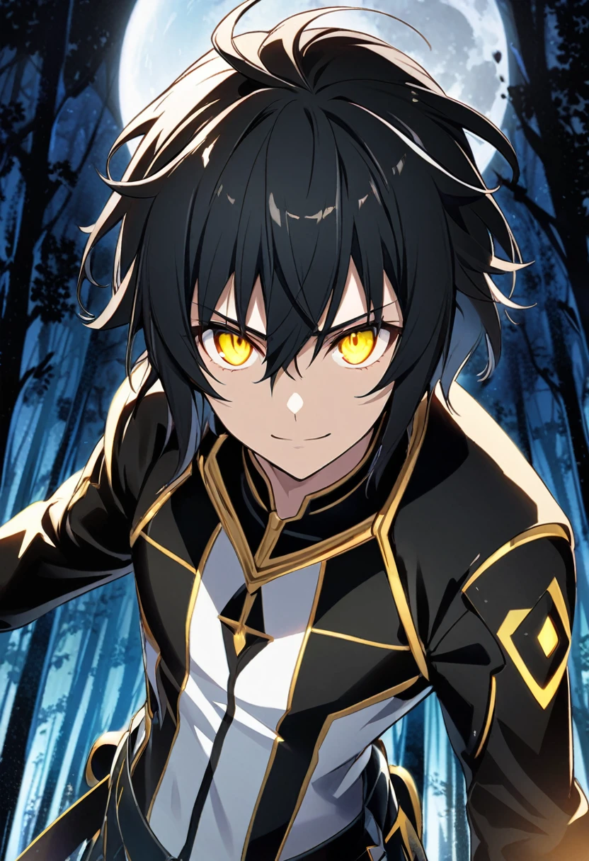 Hyakuya Mikaela \(AKB0048 Next Stage\), (short hair), (black hair), (glowing eyes), (Golden eyes):1.2, black costume, serious, smiling sharply, ((ultra-detailed)), ((illustration)), (neat hair)), (beautiful detailed eyes), (male), 1boy, looking down from the treetop ((night, forest, moon)), looking at viewer