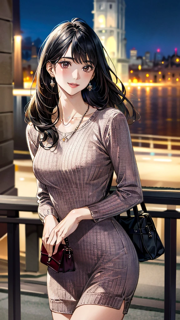 (masterpiece:1.3, Highest quality, Ultra-high resolution, Super detailed), (Realistic, photoRealistic:1.4), Beautiful illustrations, Perfect lighting, colorful, Depth of written boundary,
Beautiful detailed hair, Beautifully detailed face, Beautiful fine details, Beautiful clavicle, Beautiful body, 美しいLarge Breasts, Beautiful thighs, Beautiful feet, Beautiful fingers,
View Viewer、Front view:0.6, Beauty1人, Japanese, Beauty、30 years old, Perfect Face, (Perfect Anatomy, Anatomically correct), Cute and symmetrical face, Baby Face, , Shiny skin,
((long、Bordeaux knit dress:1.4)),(Have one handbag:1.2)
(Black Hair, Medium straight:1.4), Dark brown eyes, Large Breasts, Slim body,
necklace, Small earrings:1.1,
(Beautiful views), (night), (city, cityscape in the distance), Standing with good posture, A soft smile、(Smile, Lips parted),
