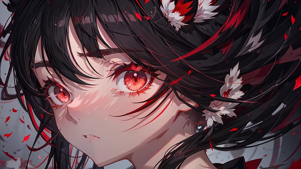 Anime girl with black hair and red petals on her face, Yandere, gapmoe Yandere, With eyes that glow red, Another close-up of Iwakura, bakemonogatari, gapmoe Yandere grimdark, Red eyes glow, By Ren, Tohsaka Rin, With red eyes, sakura petals around her, Singey