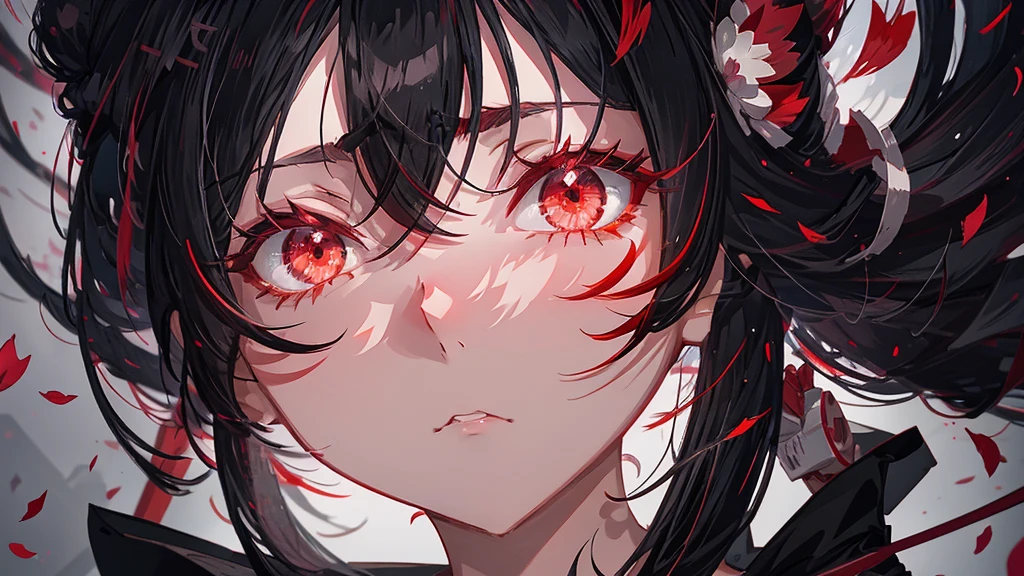 Anime girl with black hair and red petals on her face, Yandere, gapmoe Yandere, With eyes that glow red, Another close-up of Iwakura, bakemonogatari, gapmoe Yandere grimdark, Red eyes glow, By Ren, Tohsaka Rin, With red eyes, sakura petals around her, Singey
