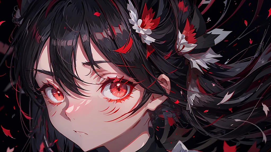 Anime girl with black hair and red petals on her face, Yandere, gapmoe Yandere, With eyes that glow red, ther close-up of Iwakura, bakemonogatari, gapmoe Yandere grimdark, Red eyes glow, By Ren, Tohsaka Rin, With red eyes, sakura petals around her, Singey