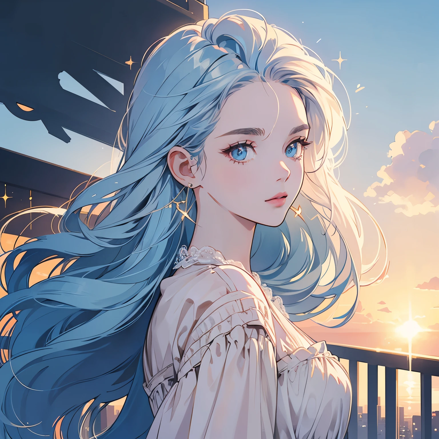 Upper body, 1 Woman, Top Quality, 14k, wind blowing, Stylish summer clothes, sunset, skyscraper, power lines, crosswalk, sign,(((sparkling eyes))), (((mysterious))), detailed hair, detailed background, top quality, light lighting, backlight, dim, clouds, front, looking at viewer backlight, dim, clouds, frontal face, looking at viewer, Very beautiful women, Noble,Apartment balcony,(((Various angles))), Pale blue hair, 