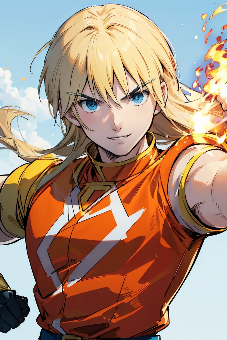 kenalpha, 1boy, male focus, blonde hair, long hair, muscular, pectorals, blue eyes, smile, power rangers uniform, ranger yellow, fire details on the uniform, white gloves, super hero ranger, (masterpiece), (illustration), (extremely fine and beautiful), perfect detailed, photorealistic, (beautiful and clear background:1.25), (depth of field:0.7)