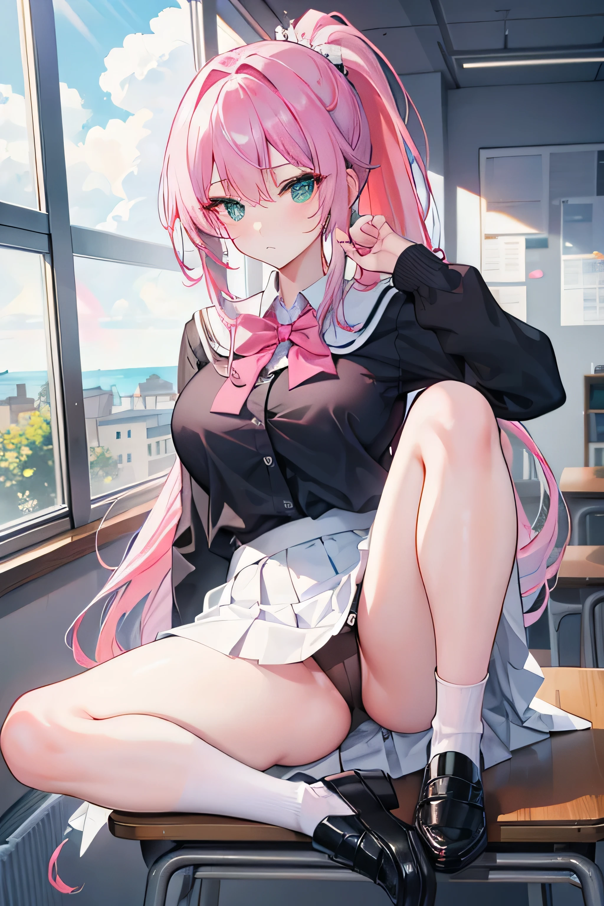 full body, masterpiece, 8k, ultra HD, sharp focus, details hair, beautiful hair, details face, beautiful detail eye, details pupil, perfect hand, vibrant colours, soft lighting.
1girl, long hair, ponytail, light blue-pink hair, dark green eyes, large breast, crop black sails suit, summer , white skirt, no school shoes, black panties, no socks.
in classroom, sit on desk, beside window, evening, nice clouds