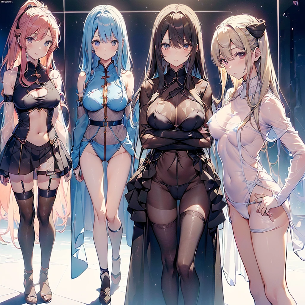((((Haremの4人のキャラクターが笑顔で描かれました))))、A group of female adventurers set in a medieval fantasy world,Dragon Quest、 (Inside the cave:1.2), Various Hair Styles, (Harem:1.5), Late Night, detailed aspects, (Colorless clothing:1.3), (All of them are wearing revealing clothes.:1.4), (Clothes that are as transparent as air:1.7), Low V-neck, No bra, No underwear, (Exposed breasts:1.4), (Exposed Skin:1.2), (Micro Mini Skirt), Seduce, Sleeveless、Panties are visible、Large Breasts、A little bigger ass、Waist、Her short skirt is flipped up