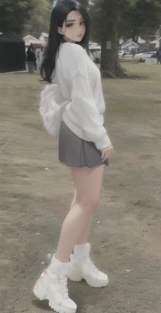 araffe woman in a white sweater and grey skirt posing for a picture, good hips and long legs, legs visible, wearing skirt, wearing tight simple clothes, full body picture, casual pose, exposed thighs, wearing a white sweater, pretty face with arms and legs, side pose, exposed thighs!!!, wearing white skirt, in shorts, wearing a skirt