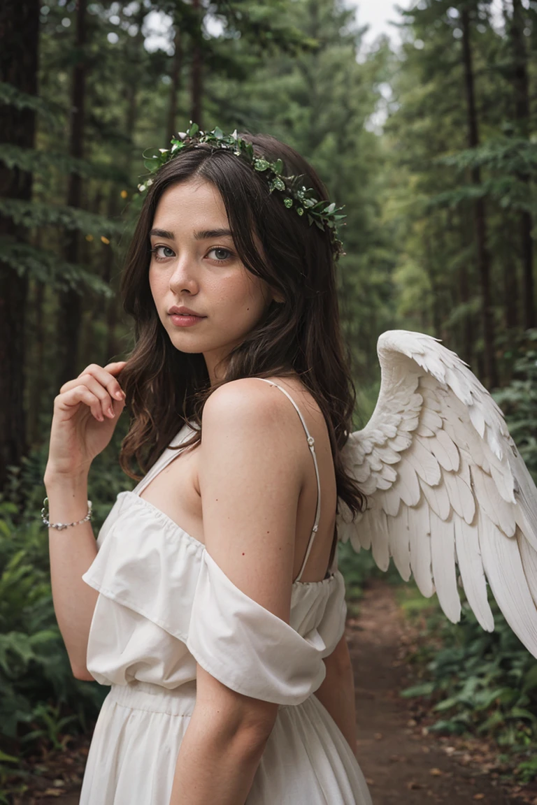 shot by Sony a7 IV Mirrorless Camera, natural light, analog film photo, Kodachrome ,white angel ,forest