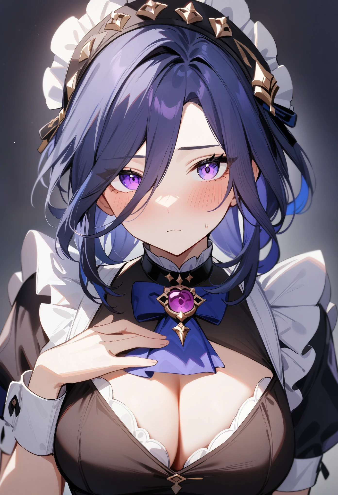 masterpiece, best quality, very aesthetic, absurdres, 1girl, sensitive, clorinde\(genshin impact), genshin impact, looking at viewer, upper body, maid, purple eyes, large breasts, cleavage, alternate costume, headdress, hand on own chest, blush, expressionless, simple background