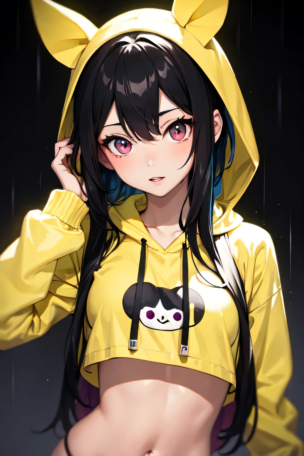 Chica hermosa y seria en la lluvia con una ropa morada neon el cabello largo de color negro y con ojos de color negro