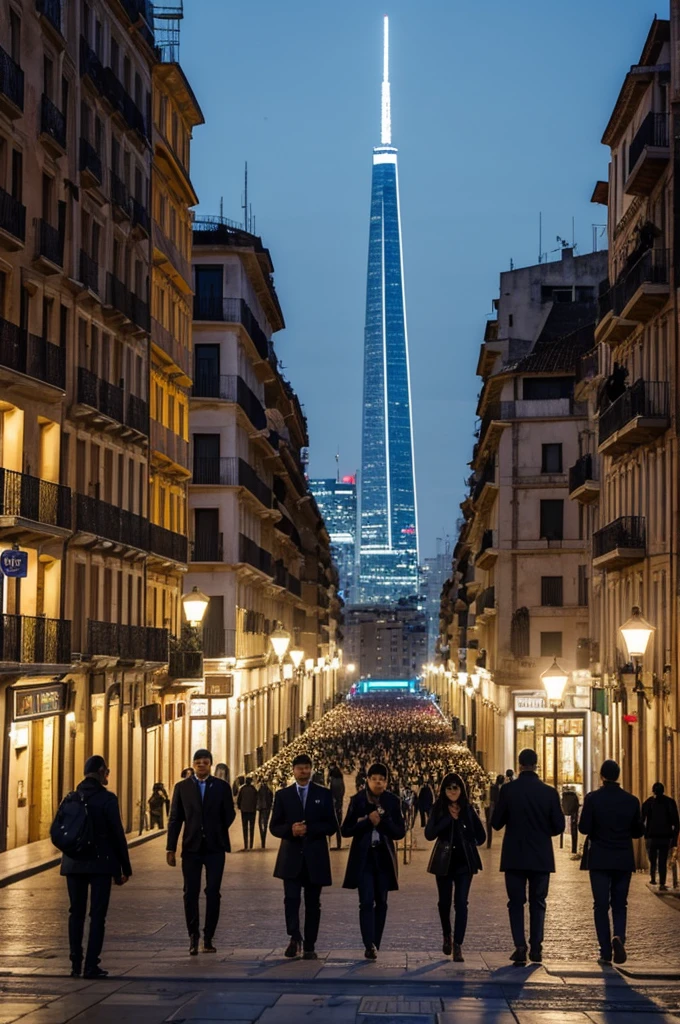 Escena de una ciudad bulliciosa, with people walking quickly down the street, some looking at their phones, otros con expresiones preocupadas. En el fondo se ven edificios altos y anuncios luminosos.