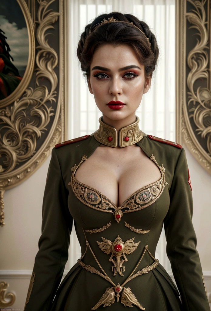 (masterpiece, Best quality, professional, perfect composition, very aesthetic, absurdity, ultra detailed, complex parts:1.3) Movie frame, Soviet woman, Soviet officer, model appearance, a lot of makeup, sexy face with full makeup, DRESSED IN MILITARY UNIFORM