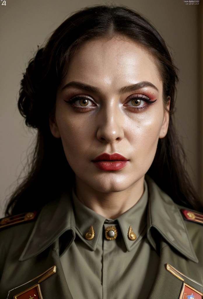 (masterpiece, Best quality, professional, perfect composition, very aesthetic, absurdity, ultra detailed, complex parts:1.3) Movie frame, Soviet woman, Soviet officer, model appearance, a lot of makeup, sexy face with full makeup, DRESSED IN MILITARY UNIFORM