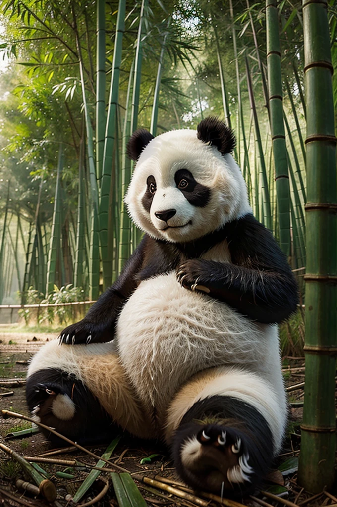 Digital art, anime style, panda, bamboo, forest