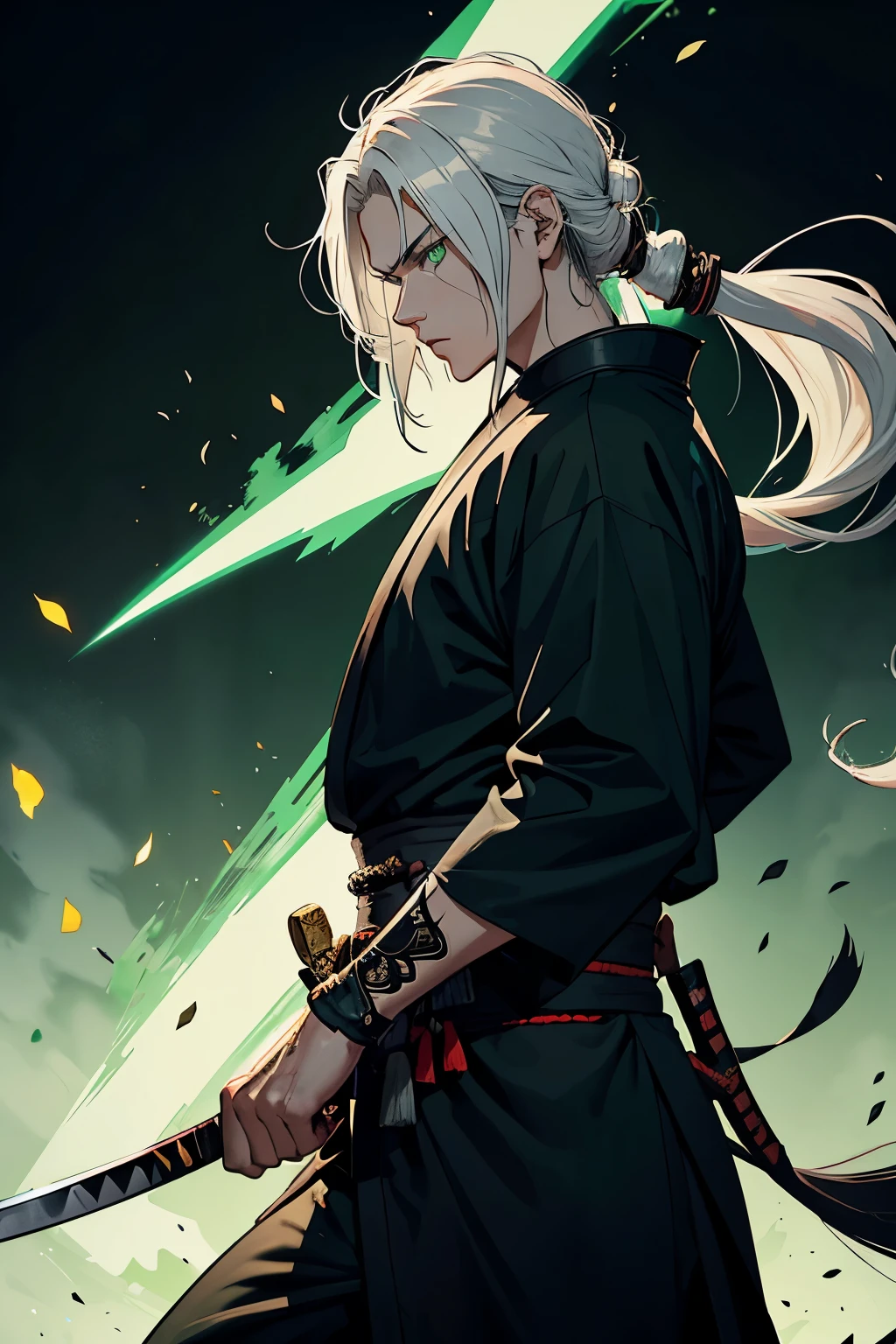 a warriror, with long white hair in a samurai cut, bright green eyes like emeralds, wears monk clothes, his weapons are two katanas, like a true ronin