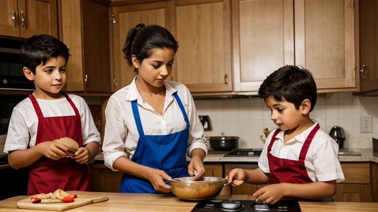 a mother cooking with her three  brothers, dos chicos y una chica