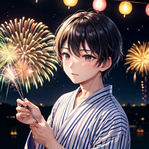 In the summer night sky、Colorful fireworks burst into flames、Young man wearing a yukata、Looking up at the fireworks、Young people、The yukata is navy blue、The young man&#39;s hair color is brown、The expression is a smile