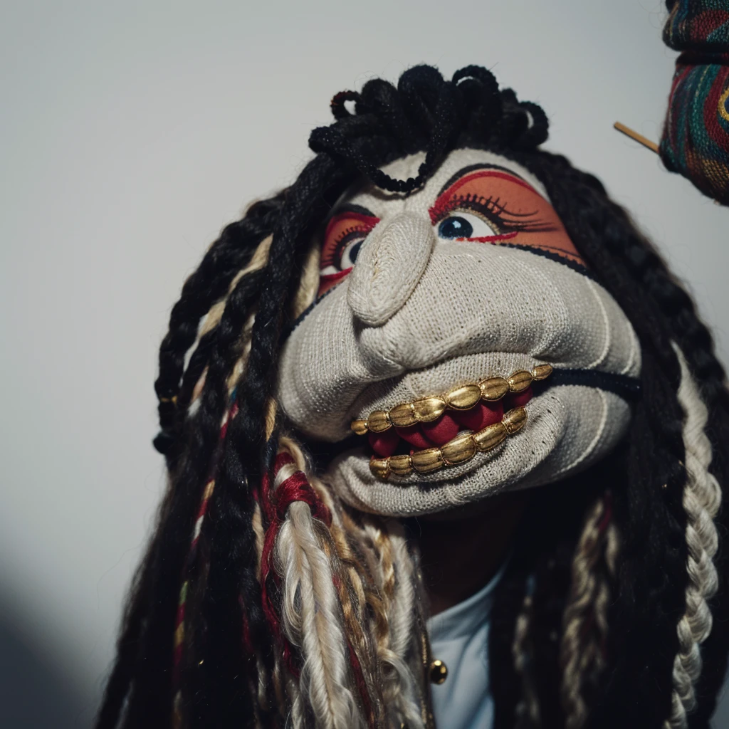 a close up of a sock puppet with dreadlocks, realistic cloth puppet, string puppet, wearing diamond gold grills on his teeth, he is smoking a blunt, his eyes are low and red because he is high, highley detailled face