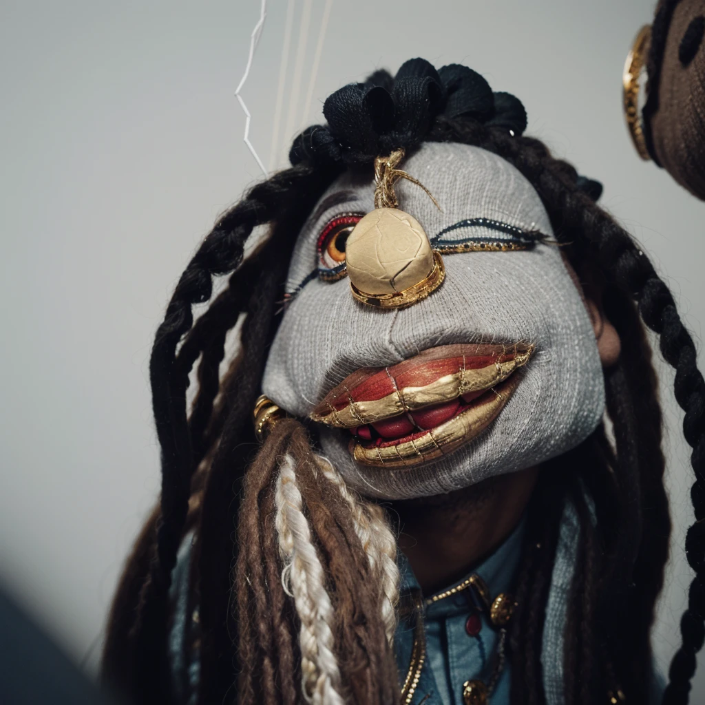 a close up of a sock puppet with dreadlocks, realistic cloth puppet, string puppet, wearing diamond gold grills on his teeth, he is smoking a blunt, his eyes are low and red because he is high, highley detailled face
