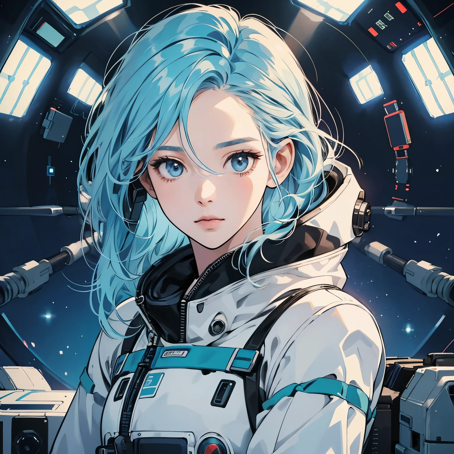 One beautiful woman, inside a spaceship, perfect machine, spacesuit, looking at camera, perfect face, shining eyes, zero gravity, outer space, lots of wires, switchboard, light blue hair, perfect and detailed machine, robot, detailed hair, Eureka Seven