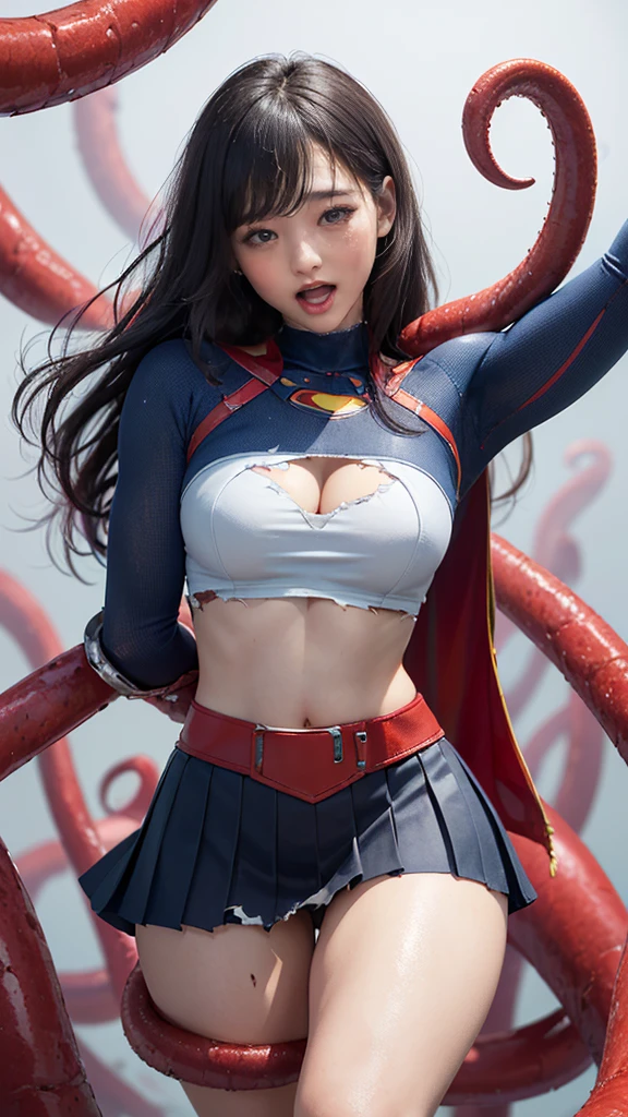 (8k、Highest quality、masterpiece:1.2)、(Realism、Photorealistic:1.37)、Ultra high definition、(Highest quality)、(masterpiece)、Supergirl trapped by tentacles、(Perfect fit body、Perfect fit、Perfect Thighs)、(((Wearing the Supergirl suit、skirt、Damaged、Torn、Thighs in Torn clothes、 Exposed arms)))、Long Hair、Long Hair、(((Tattered clothes、Too much exposure、Torn clothes、引き裂かれたskirt、ボロボロのskirt、White liquid all over the body、White liquid sticks to the body、 on the face、胸に白colorの液体、)))、(((The background is a prison、Hands clasped behind head、Surrounded by tentacles、The body is connected by many tentacles.、Hands bound by tentacles、The legs are tied with tentacles、Tentacles groping the whole body、color々Mature woman posing))),(Open your mouth、Scream、painでうめき声をあげる, painを感じ, Flowing Tears:1.5), pain, I&#39;m in pain and crying、A meat stick is stuck in his crotch、